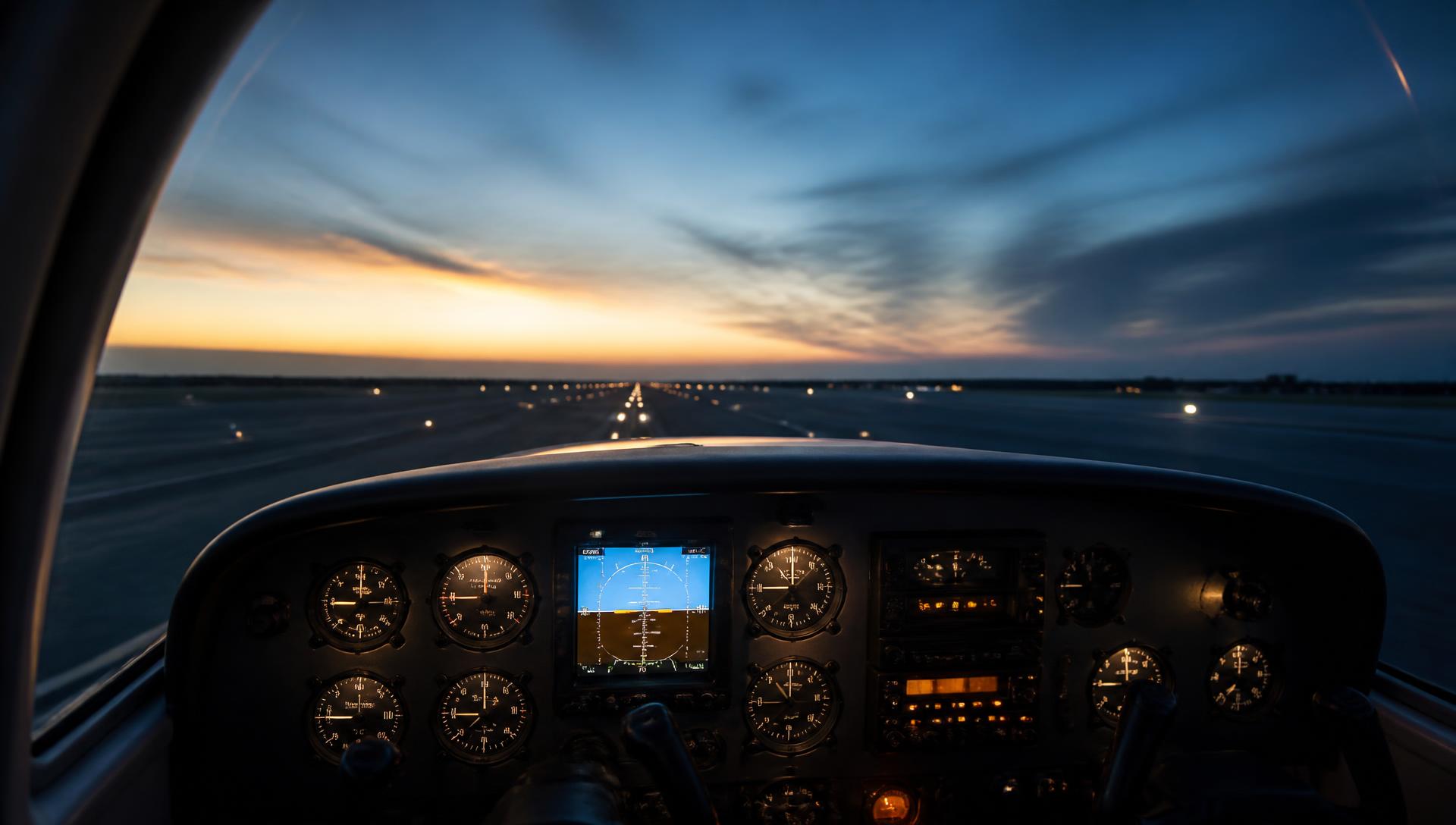 View from an aircraft cockpit toward a lit runway at dawn